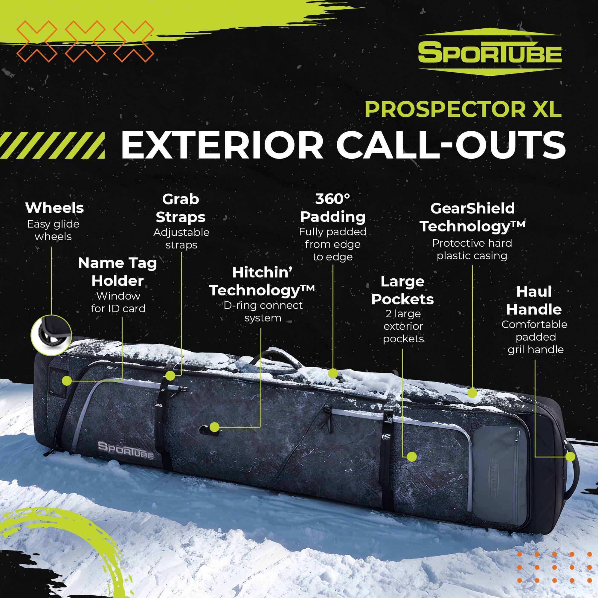 SPORTUBE PROSPECTOR XL EXTERIOR CALL-OUTS

- Wheels: Easy glide wheels
- Grab Straps: Adjustable straps
- 360° Padding: Fully padded from edge to edge
- GearShield Technology™: Protective hard plastic casing
- Name Tag Holder: Large window for ID card
- Hitchin' Technology™: D-ring connect system
- Large Pockets: 2 large exterior pockets
- Haul Handle: Comfortable padded grill handle