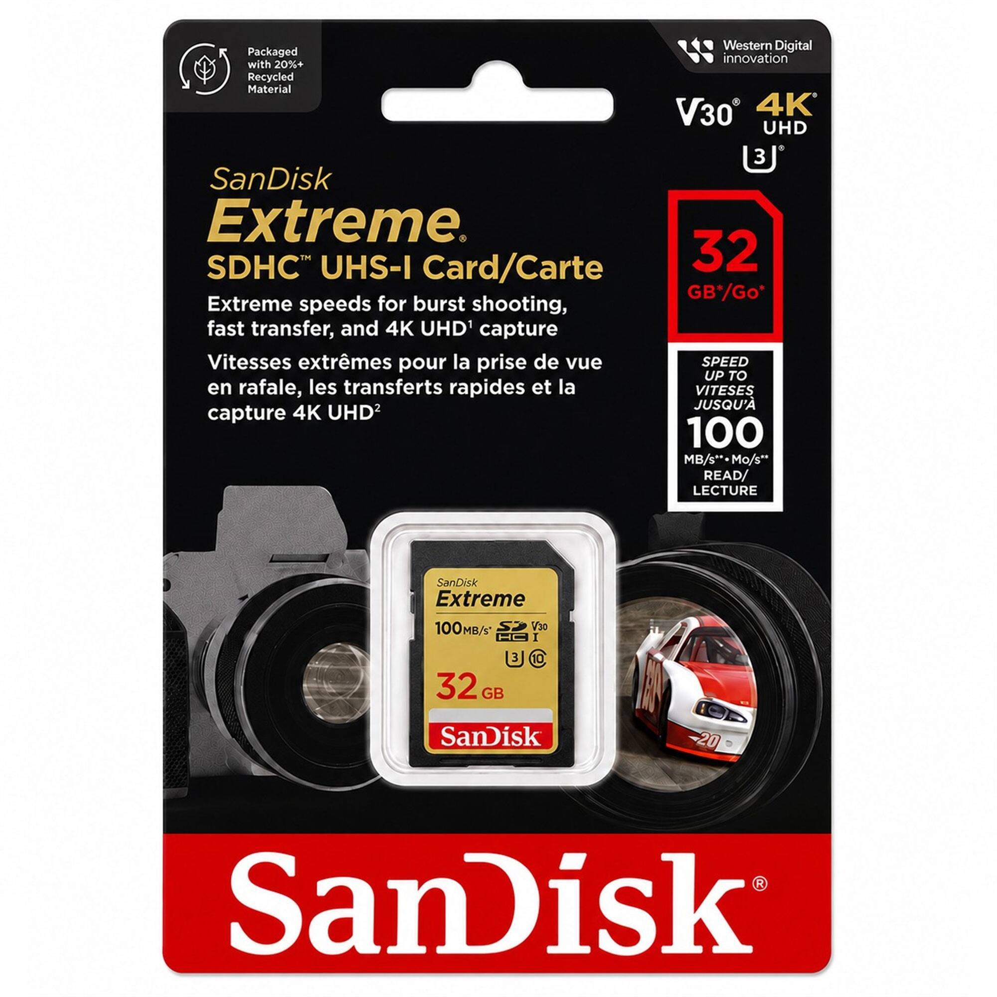 Western Digital Packaged innovation with 20%+ Recycled Material V30 4K UHD 3J 3 SanDisk Extreme. SDHC UHS-I Card/Carte 32 GB*Go* Extreme speeds for burst shooting, fast transfer, and 4K UHD' capture Vitesses extrmes pour la prise de vue SPEED UP TO en rafale, les transferts rapides et la VITESES JUSQU' capture 4K UHD2 100 MB/s**-Mo/s* READ/ LECTURE SanDisk Extreme 100M/s* V30 3 0 32 GB SanDisk