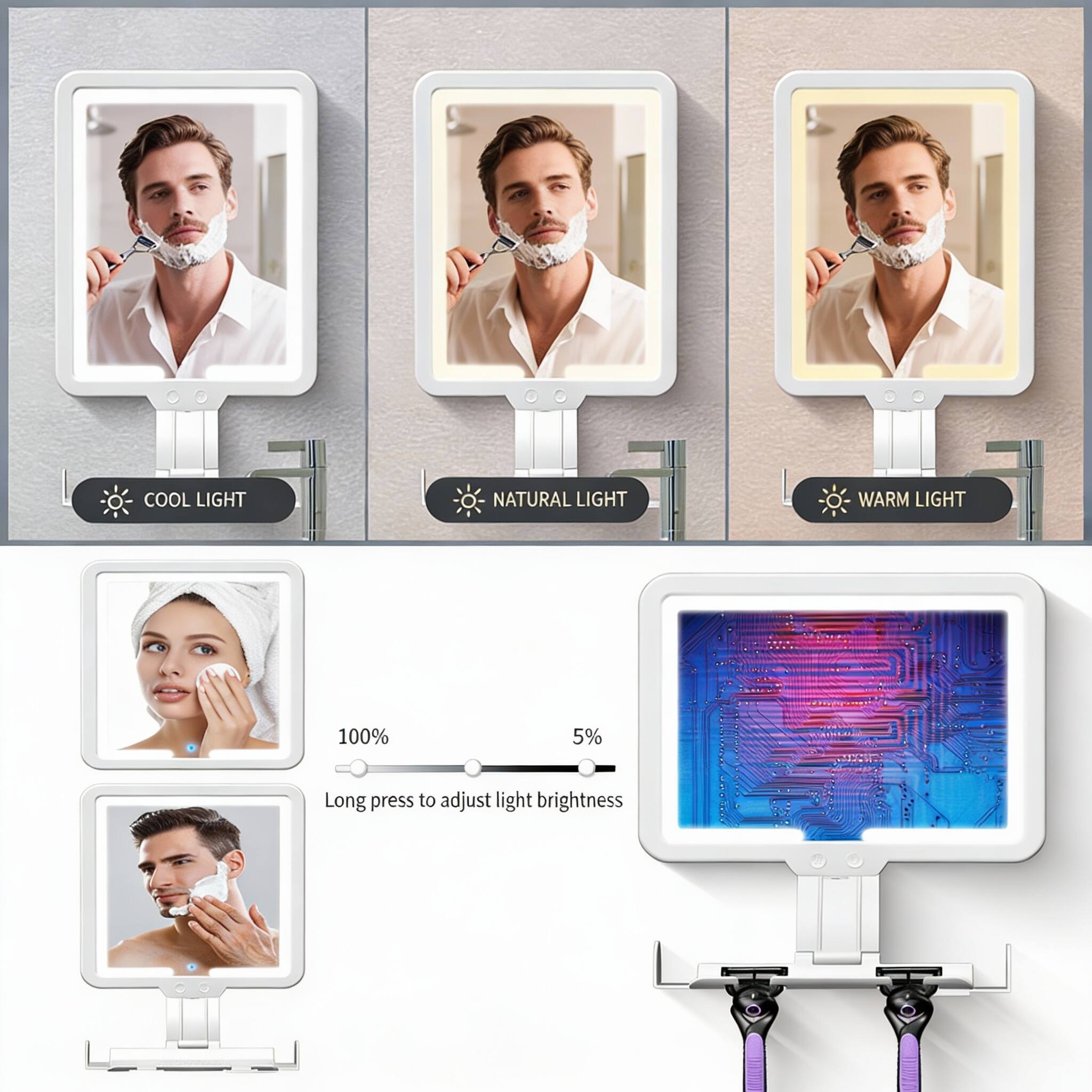 COOL LIGHT  
NATURAL LIGHT  
WARM LIGHT  

100%  
5%  

Long press to adjust light brightness