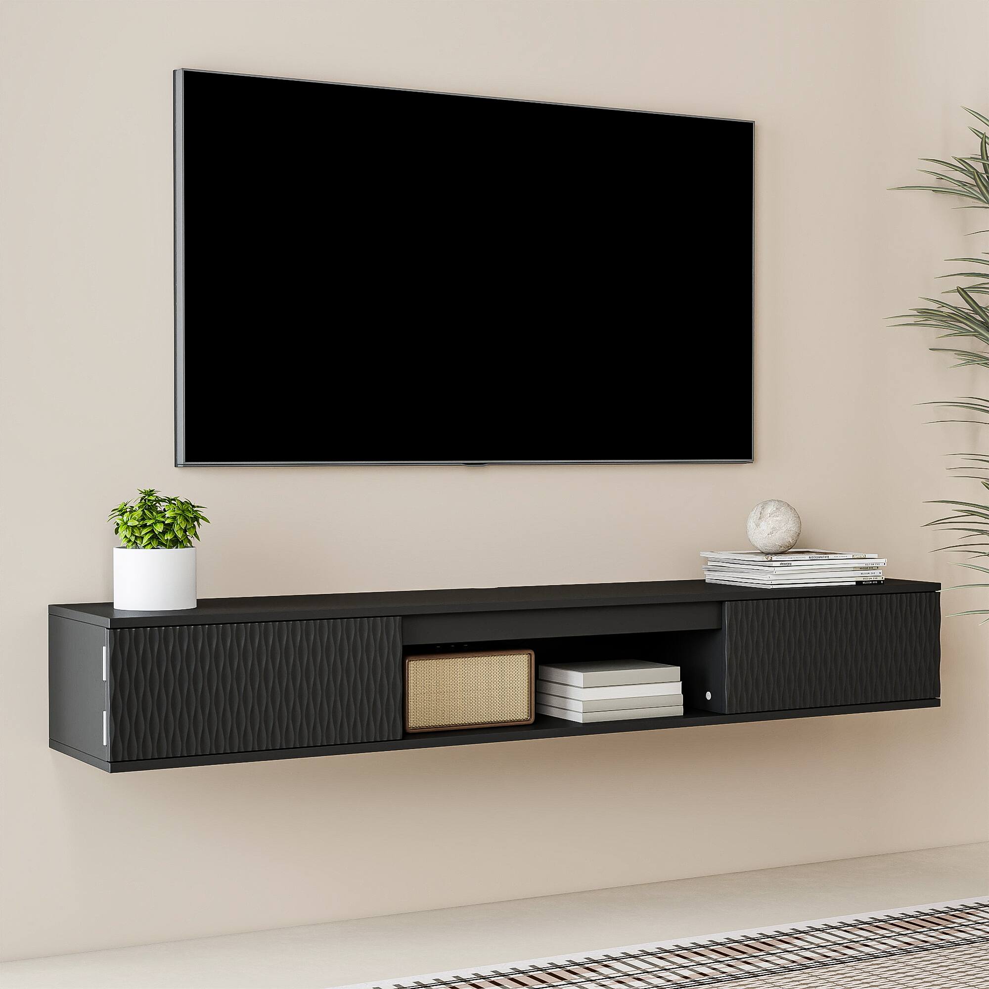 Back. Kadyn - Wall-Mounted Floating TV Stand with LED Lighting and Textured Wave  Design - Black.