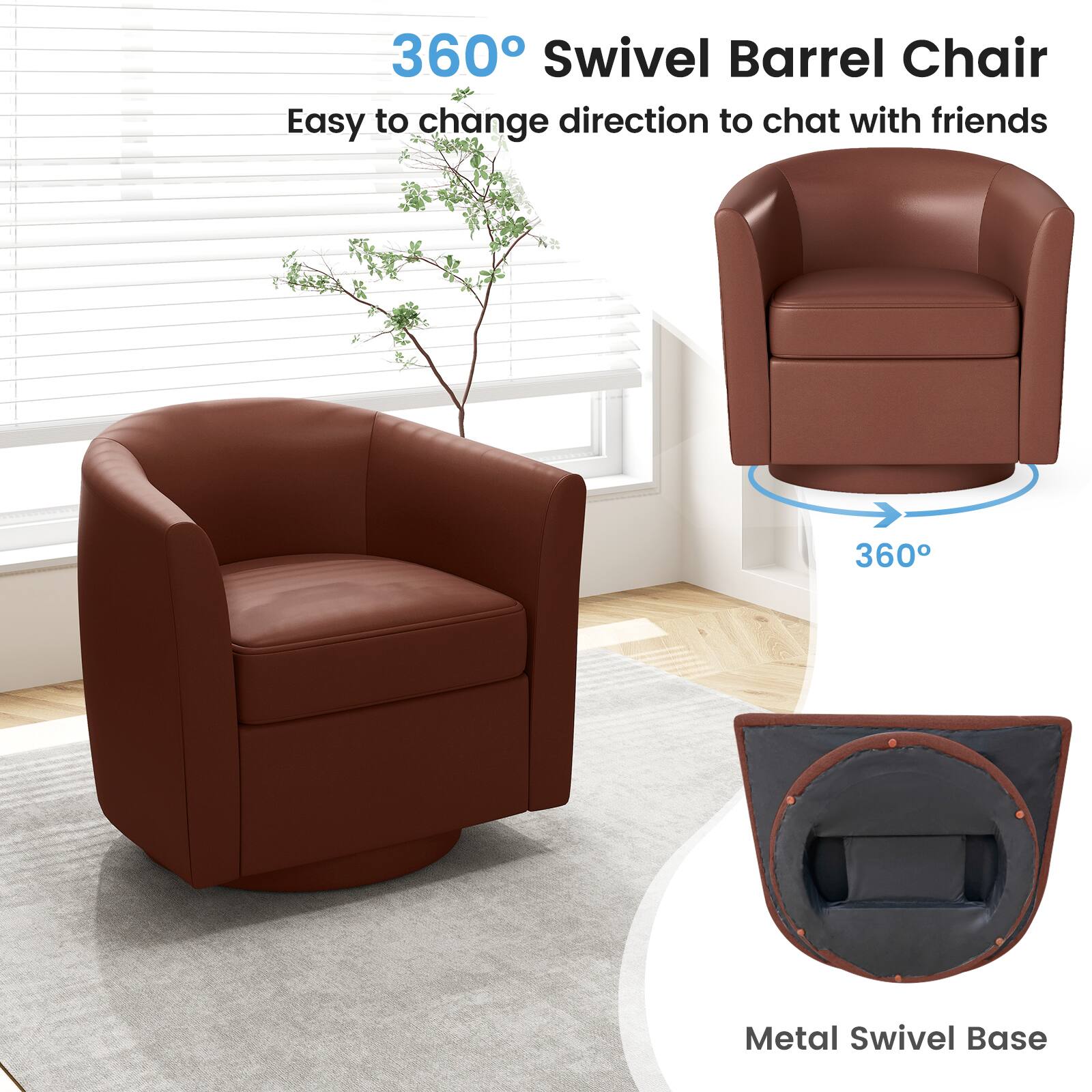 360° Swivel Barrel Chair  
Easy to change direction to chat with friends  

360° Metal Swivel Base