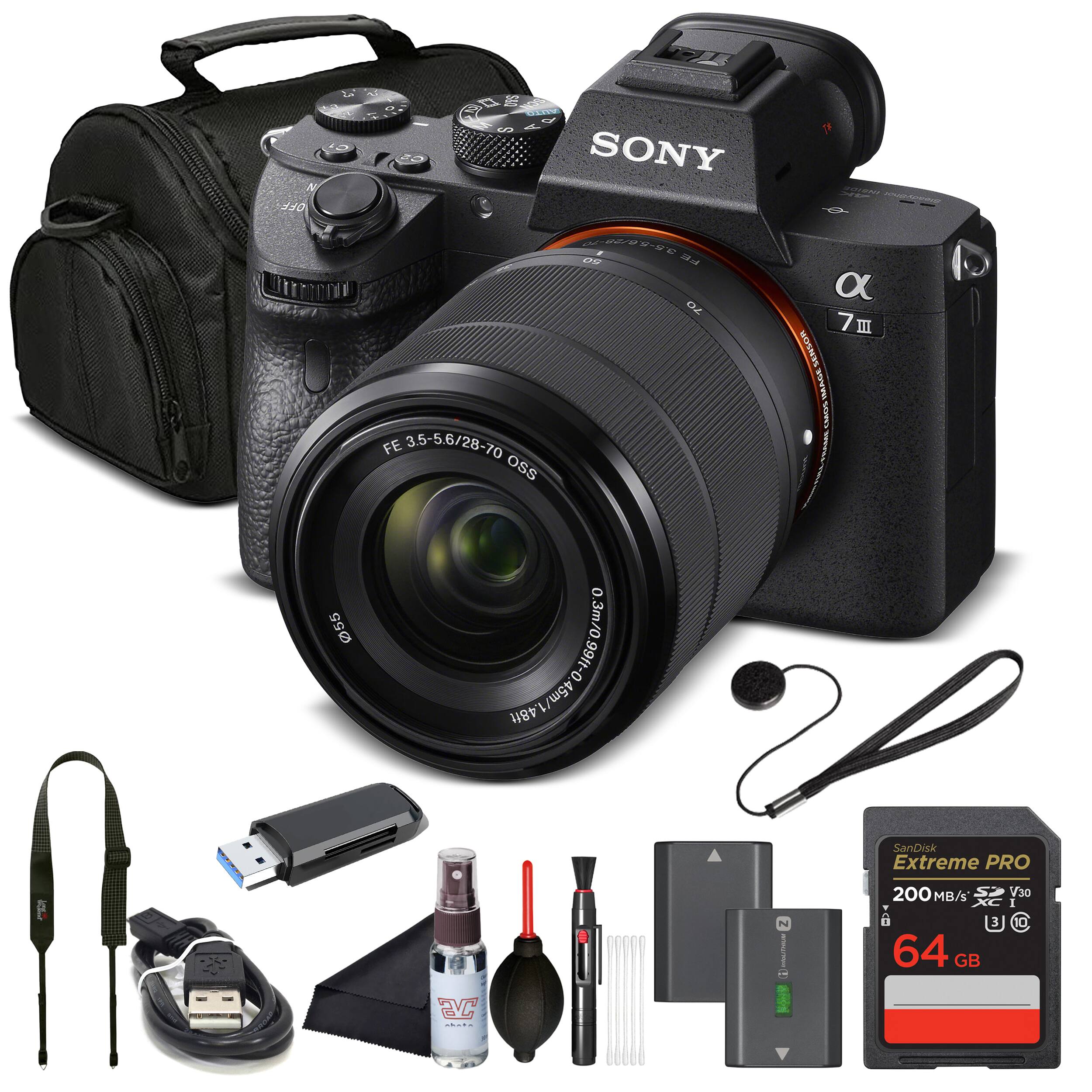 Bundle - Sony - Alpha a7 III Mirrorless Camera with 28-70mm Lens ILCE7M3K/B with Soft Bag, Additional Battery, 64GB Memory Card, Ca - Black