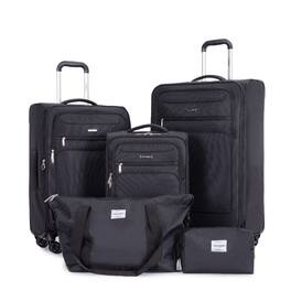 Ropilly - 5 Piece Luggage Set Softshell Suitcase with Spinner Wheels Terylene Polyester - Black
