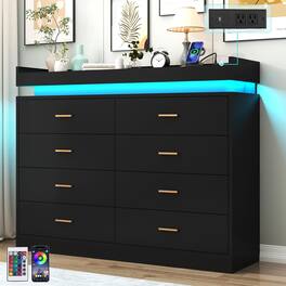 Espafurni - 8 - Drawer Dresser with LED Light & Charging Station - Modern Chest for Bedroom, Living Room, Entryway & Hallway - Black