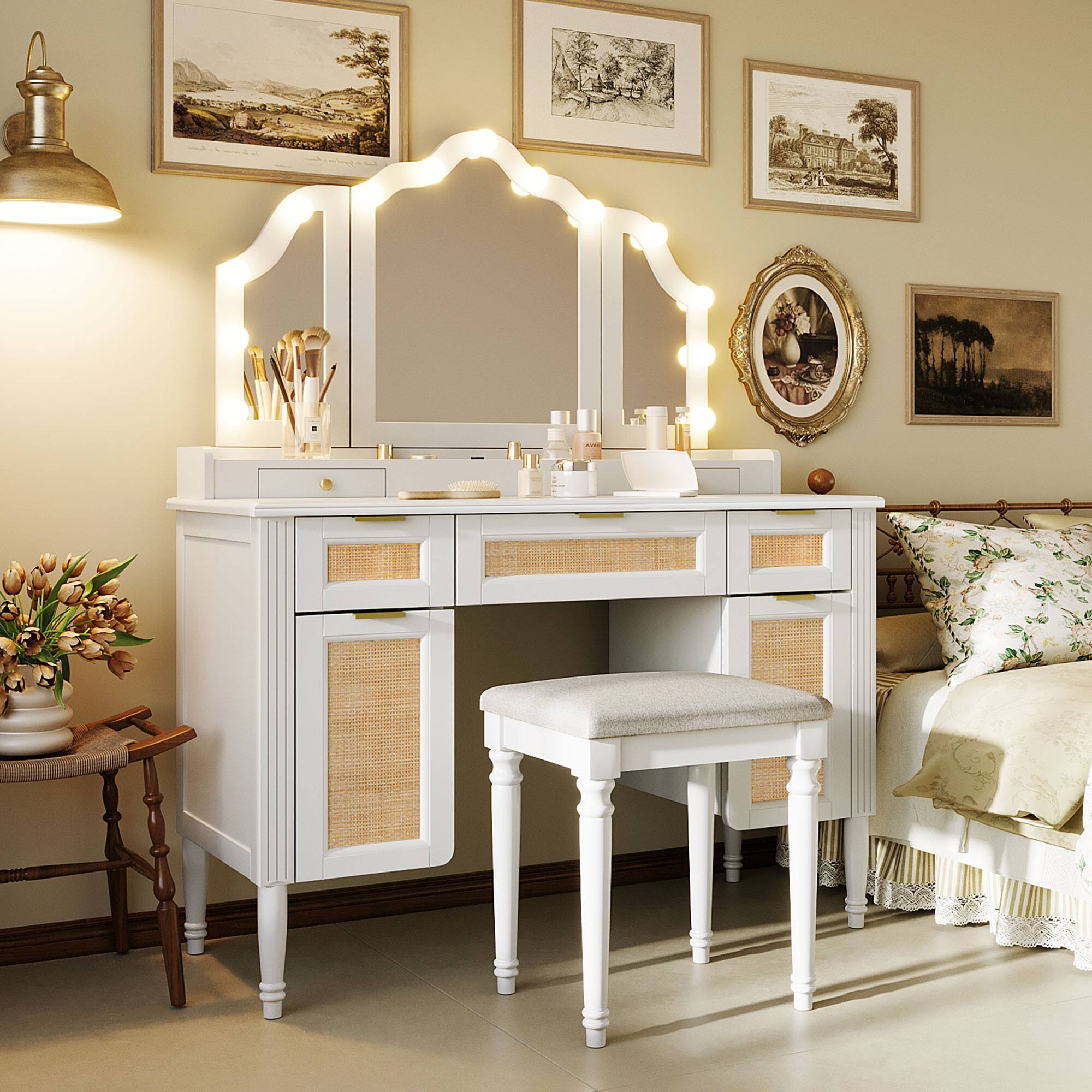 Left. Whisen - Dresser Makeup Vanity Table with Tri-Fold Mirror,13 Hollywood LED Lights,5 Drawers and Charging Station - White.
