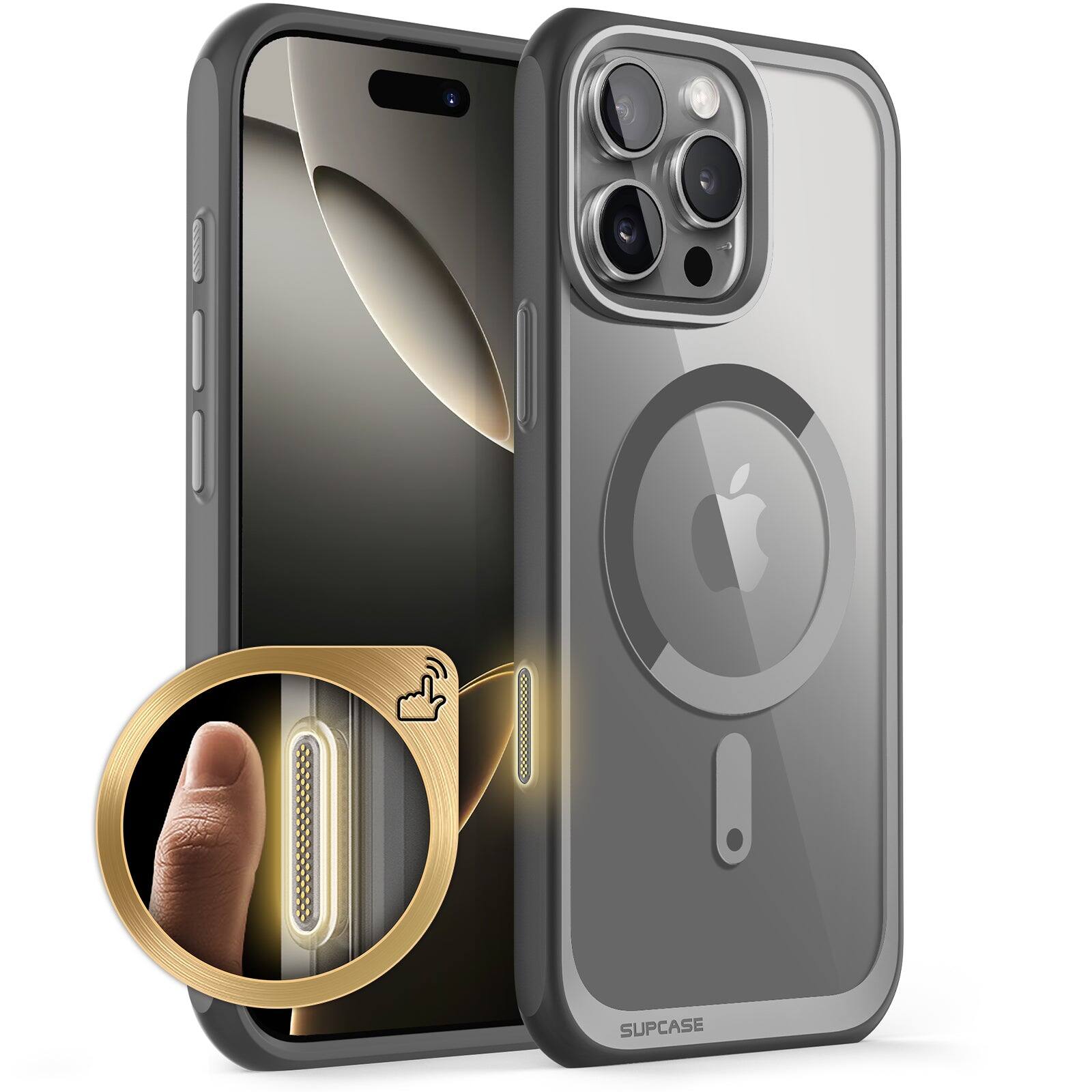 Angle. SUPCASE - iPhone 16 Pro 6.3 inch Unicorn Beetle MAG Slim Clear MagSafe Camera Control Button Case - Gray.