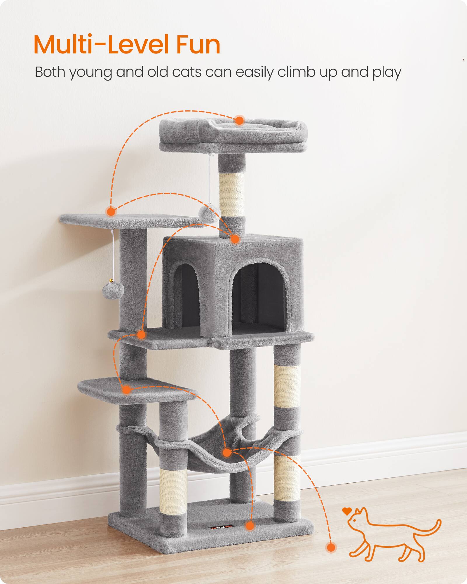 Multi-Level Fun  
Both young and old cats can easily climb up and play