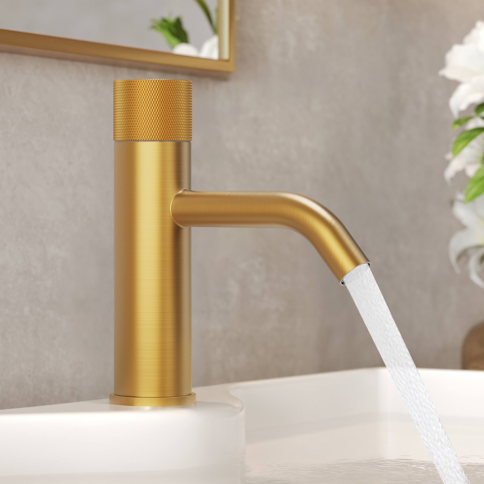 Left. GRANDJOY - Low-Arc Single Handle Bathroom Sink Faucet with Knurled Texture and Pop-Up Drain Assembly - Brushed Gold.