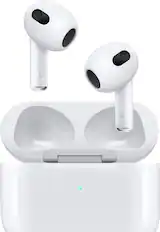 Front. Apple - Apple AirPods (3rd generation) with Lightning Charging Case - White.