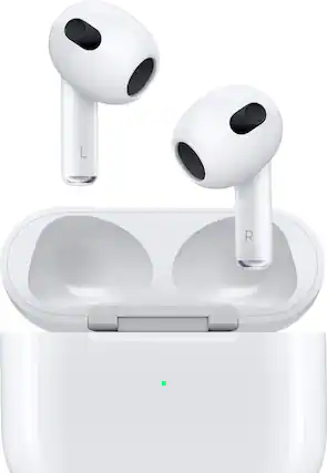 Front. Apple - Apple AirPods (3rd generation) with Lightning Charging Case - White.