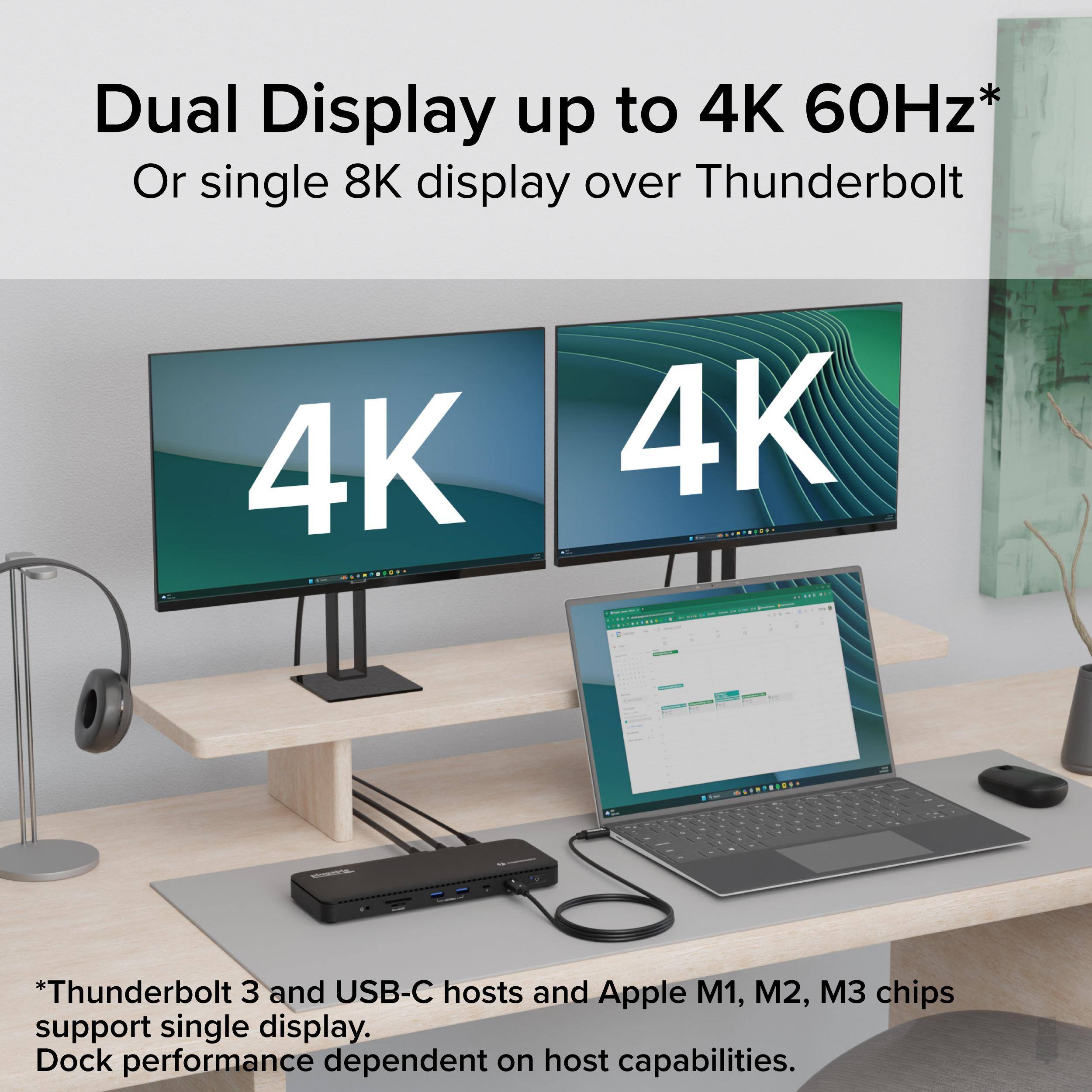 Dual Display up to 4K 60Hz*  
Or single 8K display over Thunderbolt  

*Thunderbolt 3 and USB-C hosts and Apple M1, M2, M3 chips support single display.  
Dock performance dependent on host capabilities.