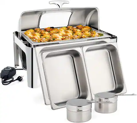Front. Winado - 9 QT Stainless Steel Chafing Dish Buffet Set with Electric & Fuel Heating,NSF Roll Top Catering Chafer Server Glass Lid - Silver.