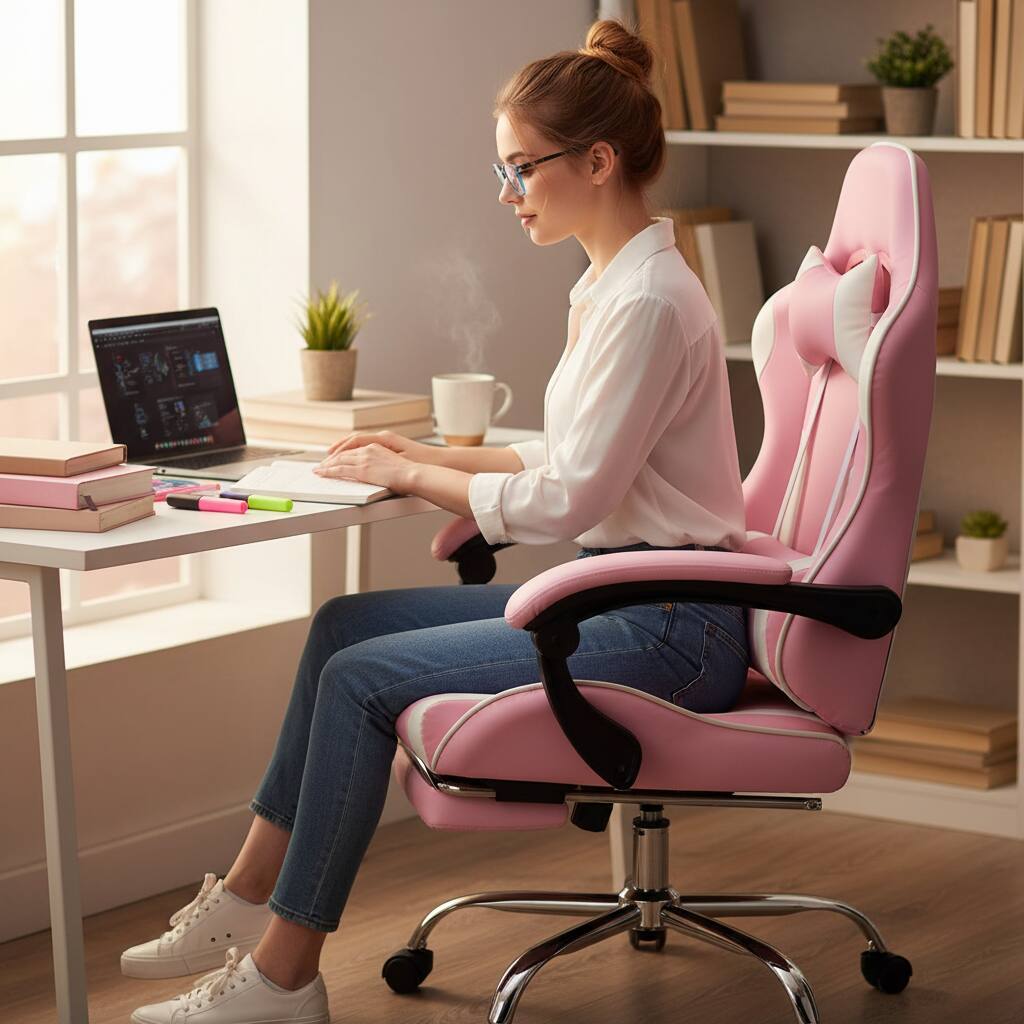 Alt View 6. AOITUN - Video Game Desk Chair - Ergonomic Computer with Footrest and Comfy Lumbar Support, PU Leather Recliner, Pink - White.