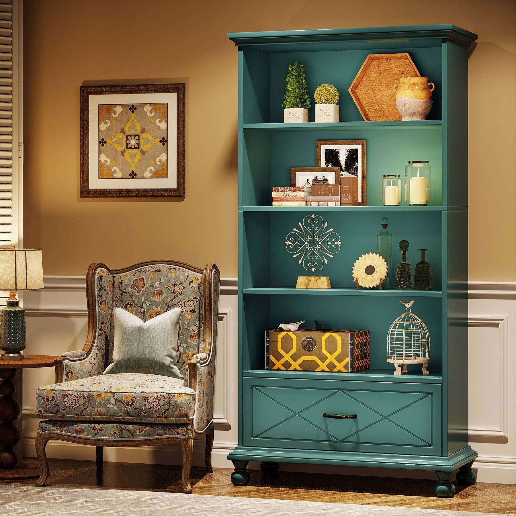 Tribesigns Solid Wood Bookshelf with Drawer Storage and Book and Decor ...