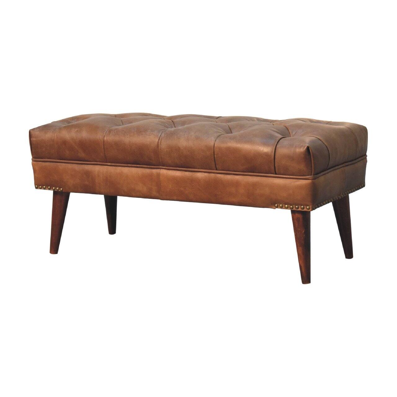 Left. Artisan Furniture - Artisan Furniture Solid Wood Harbour Brown Leather Bench, Upholstered, Brown - Brown.