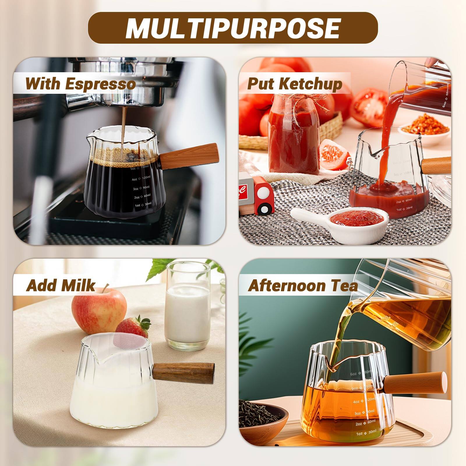 Dapper Styles Espresso Measuring Cup Glass Cups With Wood Handle Milk ...