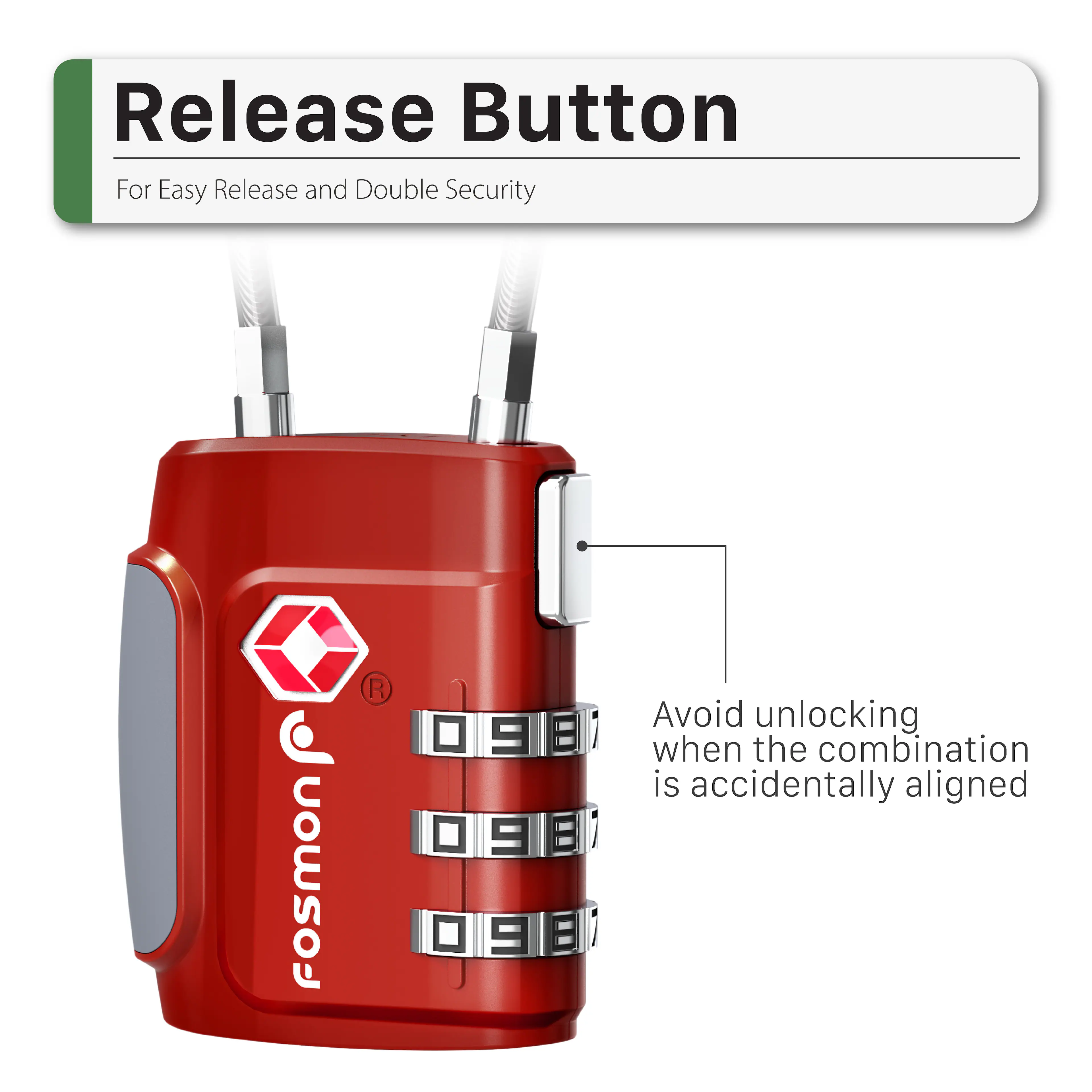Release Button For Easy Release and Double Security fosmon  Avoid unlocking when the combination is accidentally aligned  19 9  i 9 B