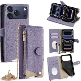 Dteck - Crossbody Wallet Case for Apple iPhone 17 Pro, Elegant Zipper PU Leather Folio Stand Cover, Built-in Mini Mirror - Purple