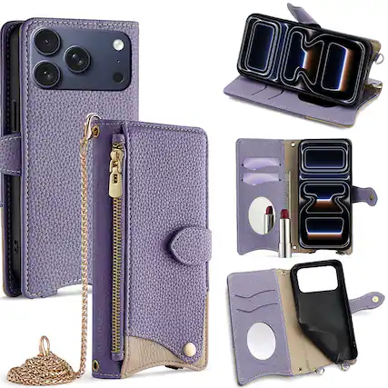 Front. Dteck - Crossbody Wallet Case for Apple iPhone 17 Pro, Elegant Zipper PU Leather Folio Stand Cover, Built-in Mini Mirror - Purple.