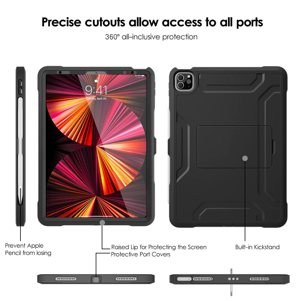 Precise cutouts allow access to all ports  
360° all-inclusive protection  

- Prevent Apple Pencil from losing  
- Raised Lip for Protecting the Screen  
- Protective Port Covers  
- Built-in Kickstand