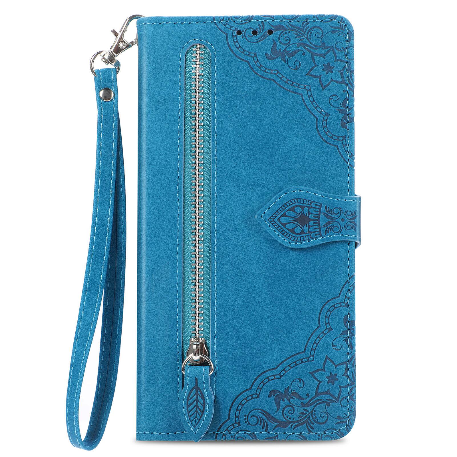 Angle. Dteck - for Samsung Galaxy S26 Ultra Wallet Case,Folio Shockproof PU Leather Card Holder Cover with Zipper Pocket & Wrist Strap - Blue.