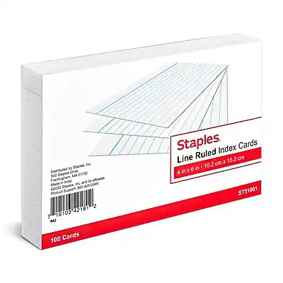 Staples
Line Ruled Index Cards
4 in x 6 in / 10.2 cm x 15.2 cm
100 Cards
ST51001
Staples
Drive 500
MA01202
Framingham, MA
Made in India
KC 2022
Staples Support 800-425-0049
Product 2 8103 42181 7 NA
1003 421812