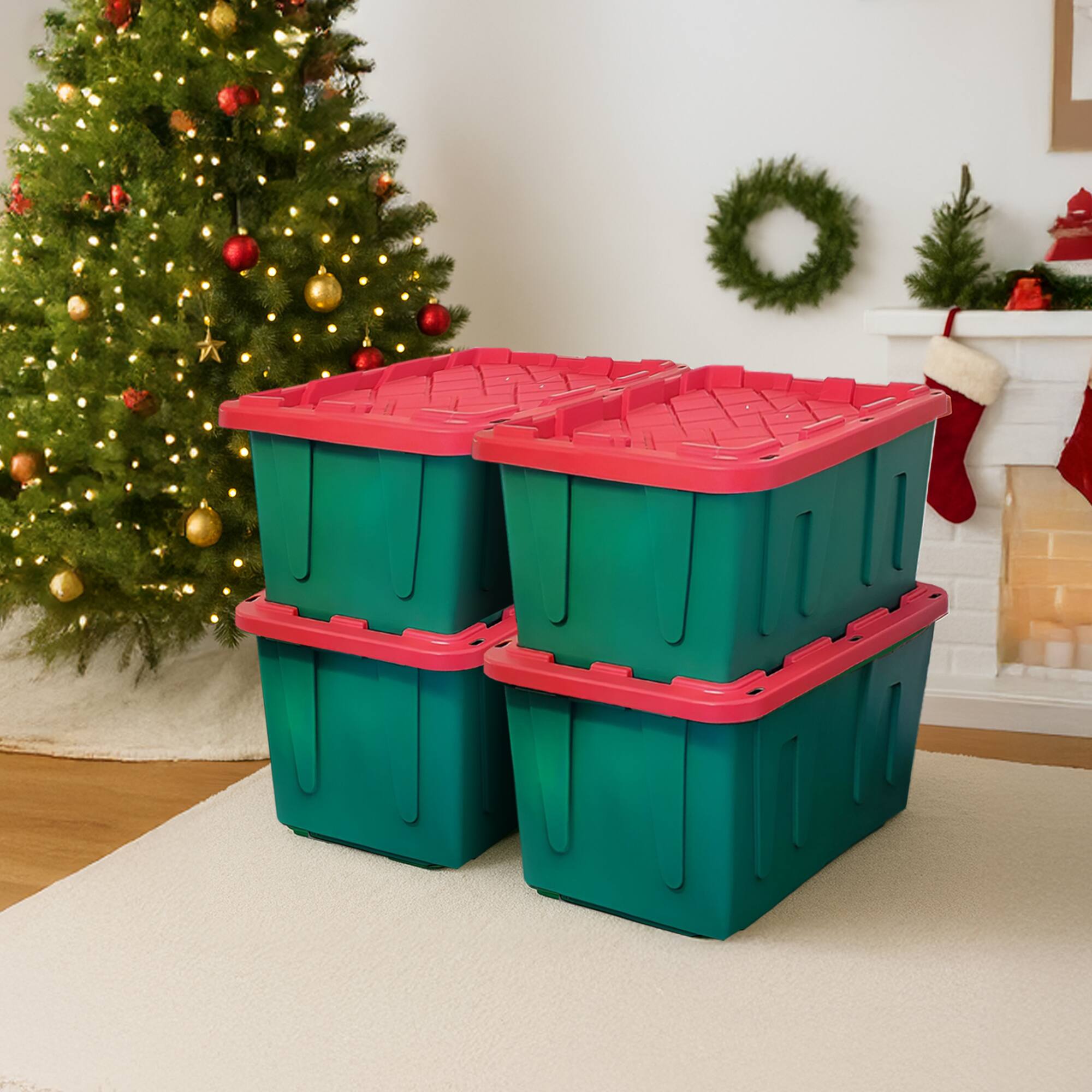 Homz - Durable 27 Gallon Heavy Duty Holiday Storage Tote, Green/Red, (4 Pack) - Green Base/Red Lid - Thumbnail 2
