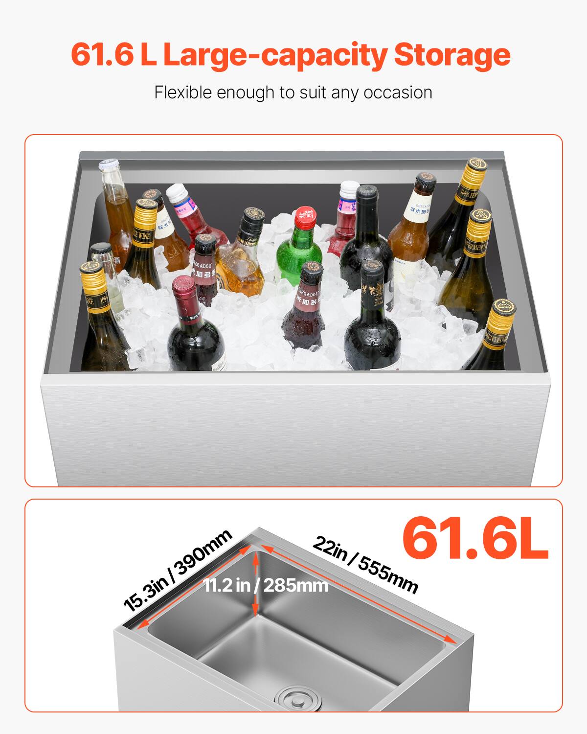 61.6 L Large-capacity Storage  
Flexible enough to suit any occasion  

61.6L  
22in / 555mm  
15.3in / 390mm  
11.2in / 285mm