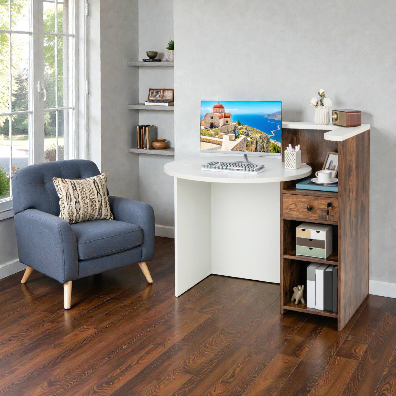 Hivvago- Customer Greeting Desk with Open Storage Tier and Smooth-Glide Drawer- Brown & White