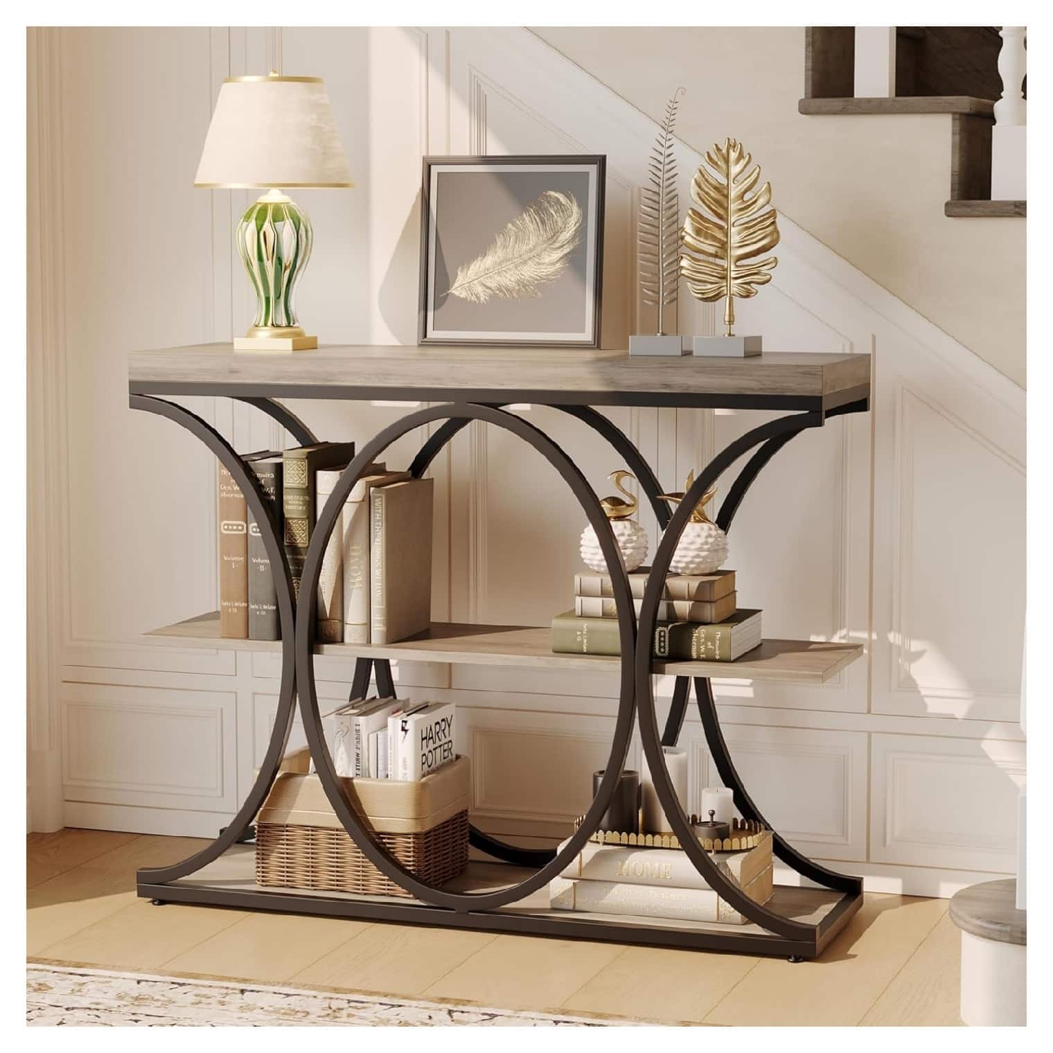 Qeetex - Narrow Console Tables for Entryway, Industrial 3-Tier Sofa Table with Round Metal Base - Gray