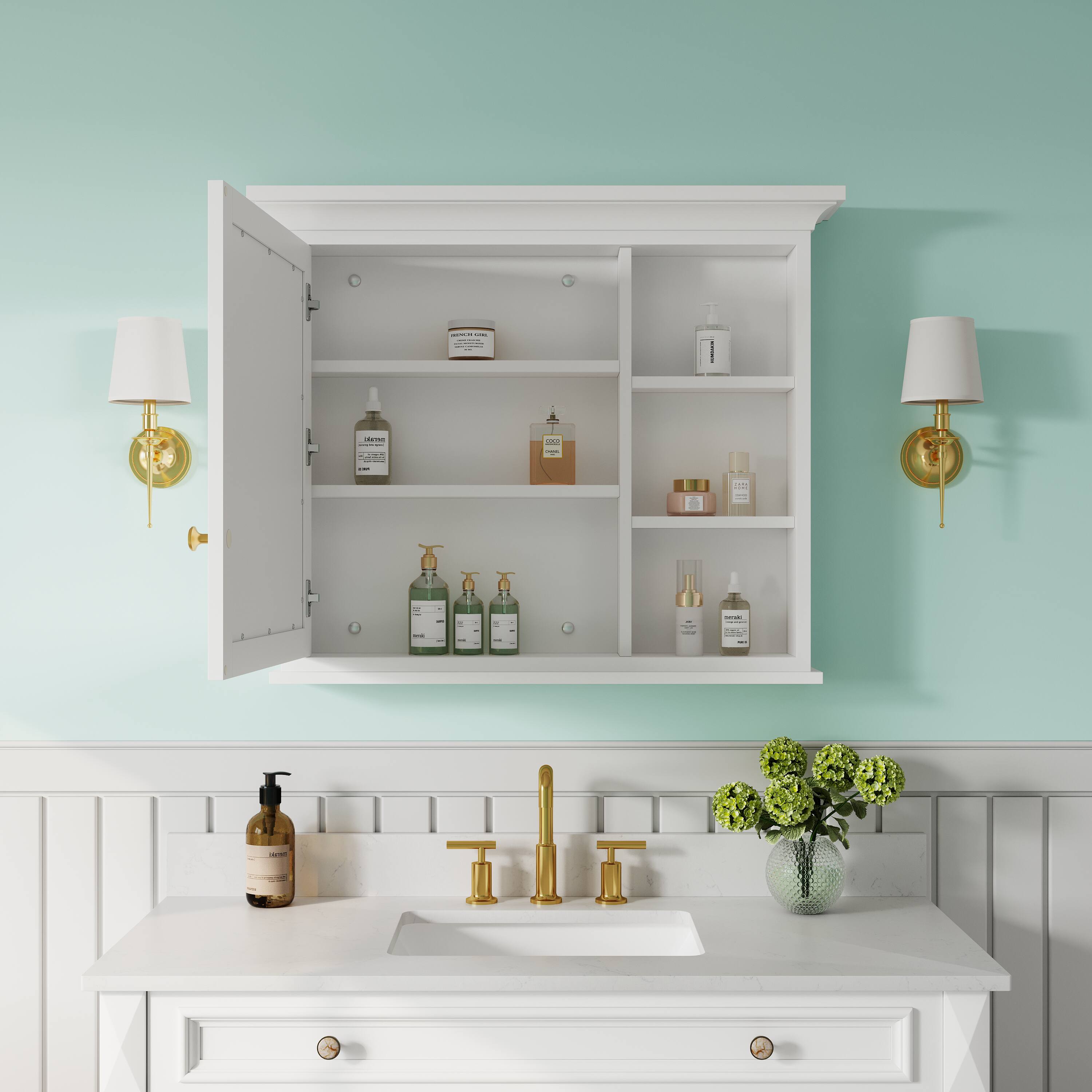 Angle. WELLFOR - 36 in. W x 30 in. H Solid Wood Rectangular Surface Mount Medicine Cabinet with Mirror, Soft Close Door - White.