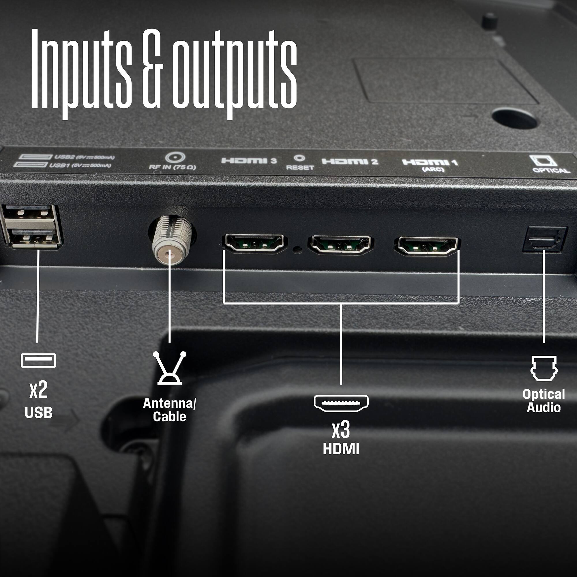 Inputs & outputs

- USB2 (5V/2.8A)
- USB1 (5V/1.0A)
- RF IN (75Ω)
- HDMI 3
- RESET
- HDMI 2
- HDMI 1 (ARC)
- OPTICAL
- x2 USB
- Antenna/ Cable
- x3 HDMI
- Optical Audio