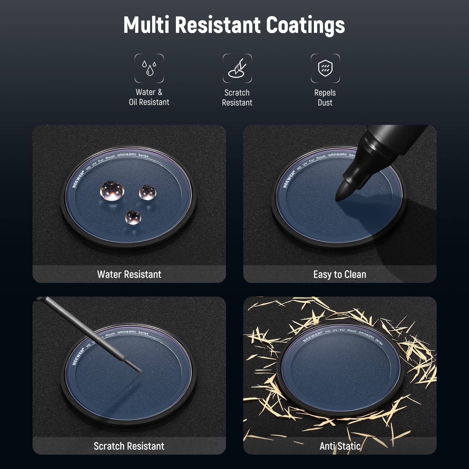 Multi Resistant Coatings

- Water & Oil Resistant
- Scratch Resistant
- Repels Dust
- Water Resistant
- Easy to Clean
- Scratch Resistant
- Anti Static