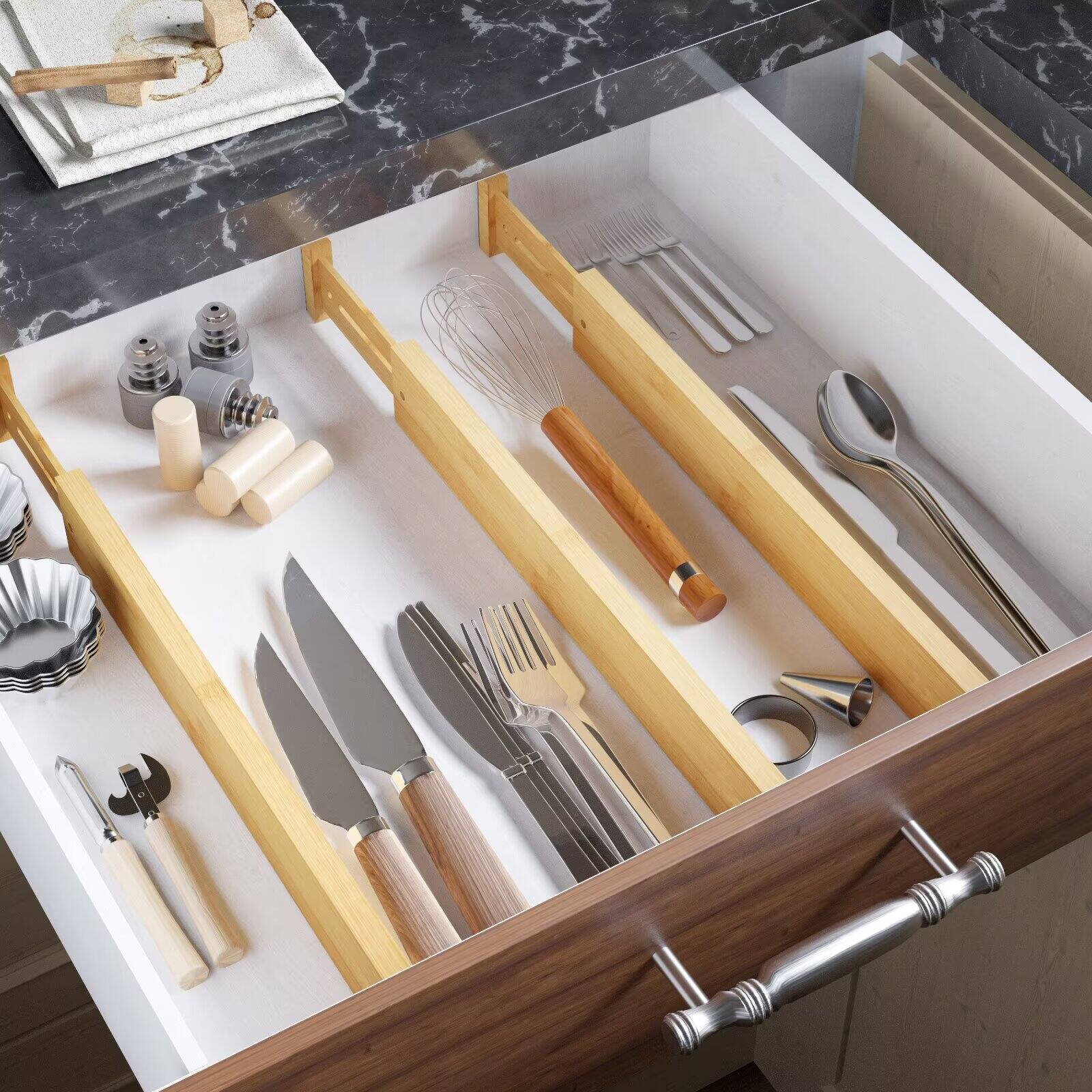 Alt View 1. Tooloton - Expandable Bamboo Drawer Organizers with Labels for Kitchen, Office, Dresser and Bathroom Storage, Set of 6 (17-22 Inch) - Natural.