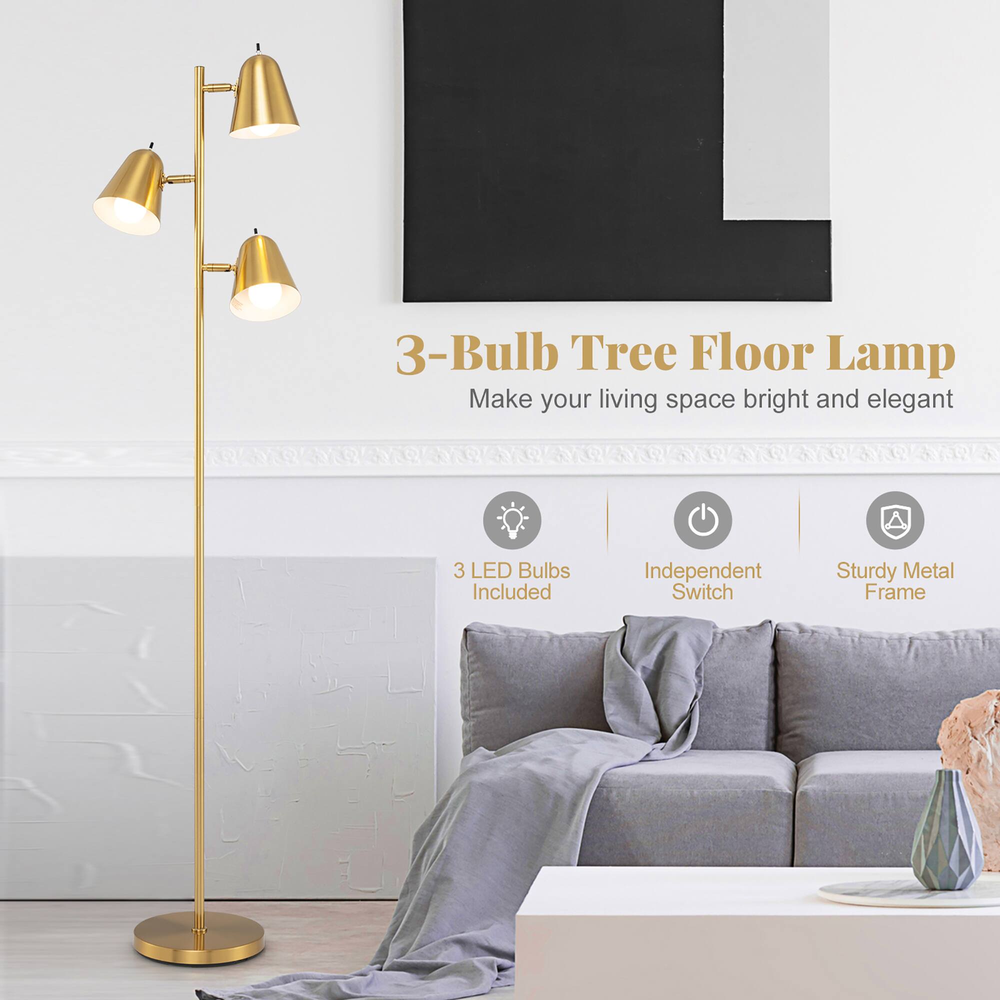 3-Bulb Tree Floor Lamp  
Make your living space bright and elegant  

- 3 LED Bulbs Included  
- Independent Switch  
- Sturdy Metal Frame