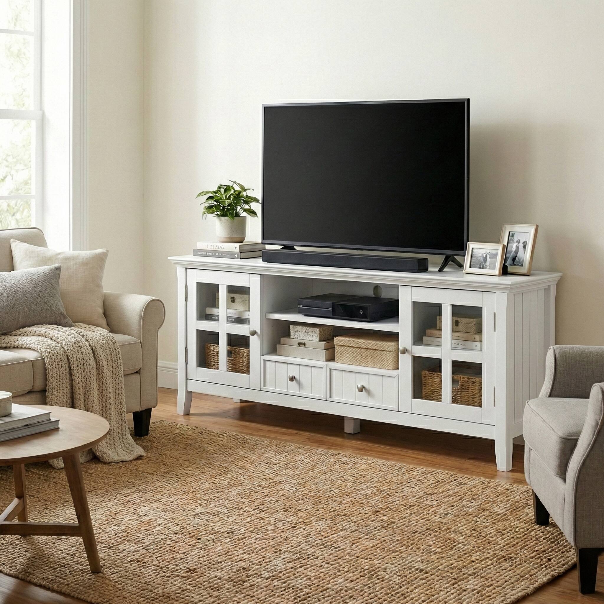 Left. Simpli Home - Acadian 60W Low TV Stand with Drawers, Glass Doors and Shelves - White.