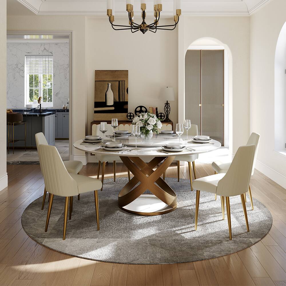 Left. POVISON - 59" Modern White Dining Table for 4 with Lazy Susan, Glossy Round Sintered Stone Tabletop, Bronze X Carbon Steel Base - White Glossy Sintered Stone with Bronze.