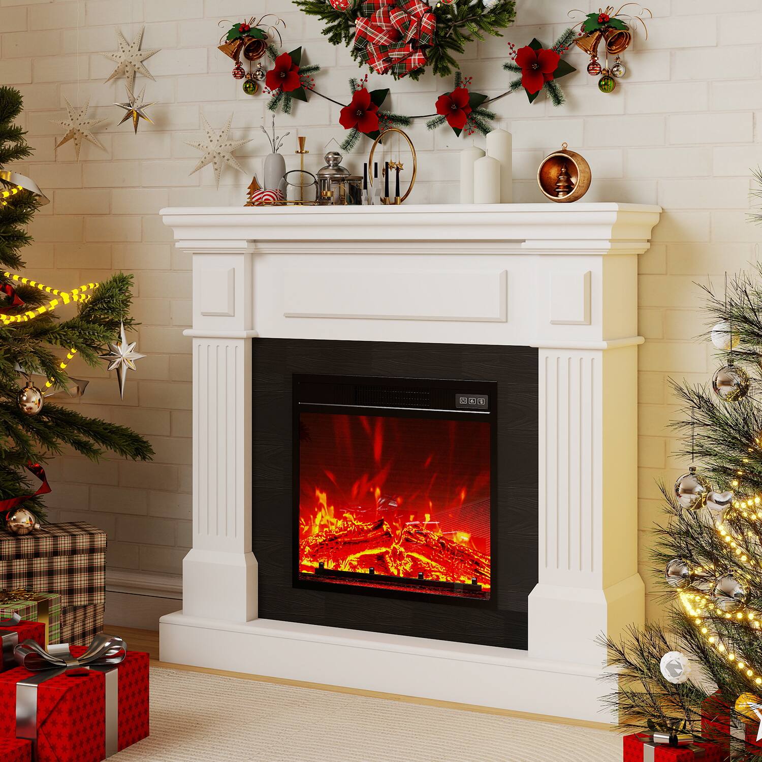 Front. Fehokinch - 40" White Electric Fireplace Mantel with Realistic 3D Flames, Remote Control & 1500W Heater - White.
