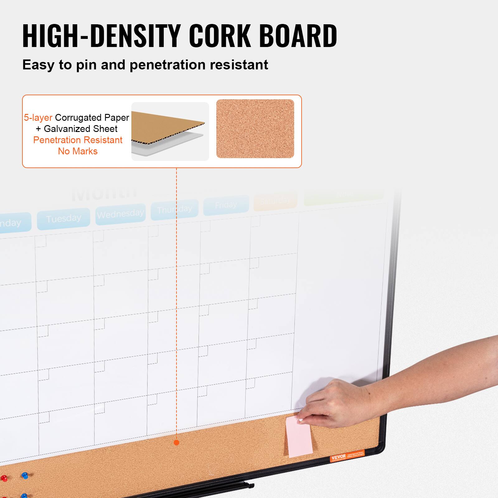 HIGH-DENSITY CORK BOARD Easy to pin and penetration resistant 5-layer Corrugated Paper + Galvanized Sheet Penetration Resistant No Marks Monday Tuesday Wednesday Thursday Friday Saturday