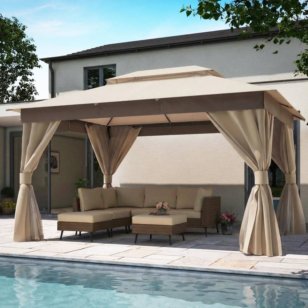 Front. Yardgrace - 10x13 FT Outdoor Heavy Duty Metal Frame Gazebo Double Roof Mosquito Net Privacy Screen Patio Backyard Garden - khaki.