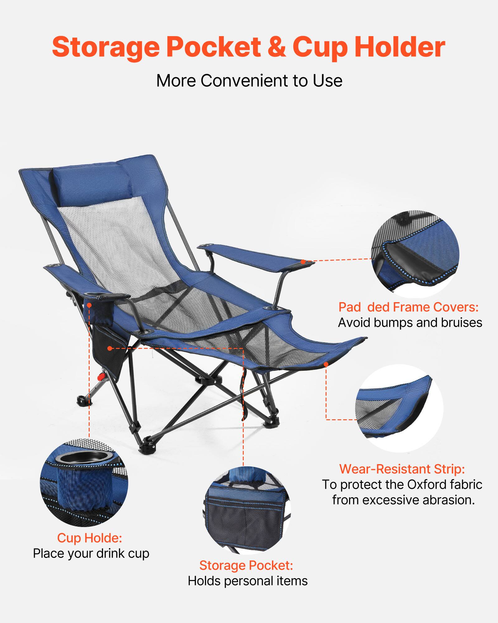Storage Pocket & Cup Holder  
More Convenient to Use  

- Cup Holder:  
  Place your drink cup  

- Storage Pocket:  
  Holds personal items  

- Pad ded Frame Covers:  
  Avoid bumps and bruises  

- Wear-Resistant Strip:  
  To protect the Oxford fabric from excessive abrasion.