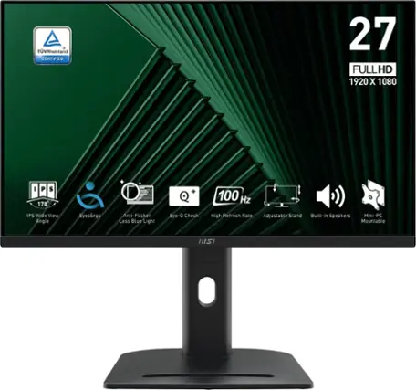 The text on the image reads: "TUVRheinland CERTIFIED 27 FULLHD 1920 X 1080 I P S 178 + 100 Hz IPS Wide View Angle EyesErgo Anti-Flicker Less Blue Light Eye-Q Check High Refresh Rate Adjustable Stand Built-in Speakers Mini-PC Mountable HISI."