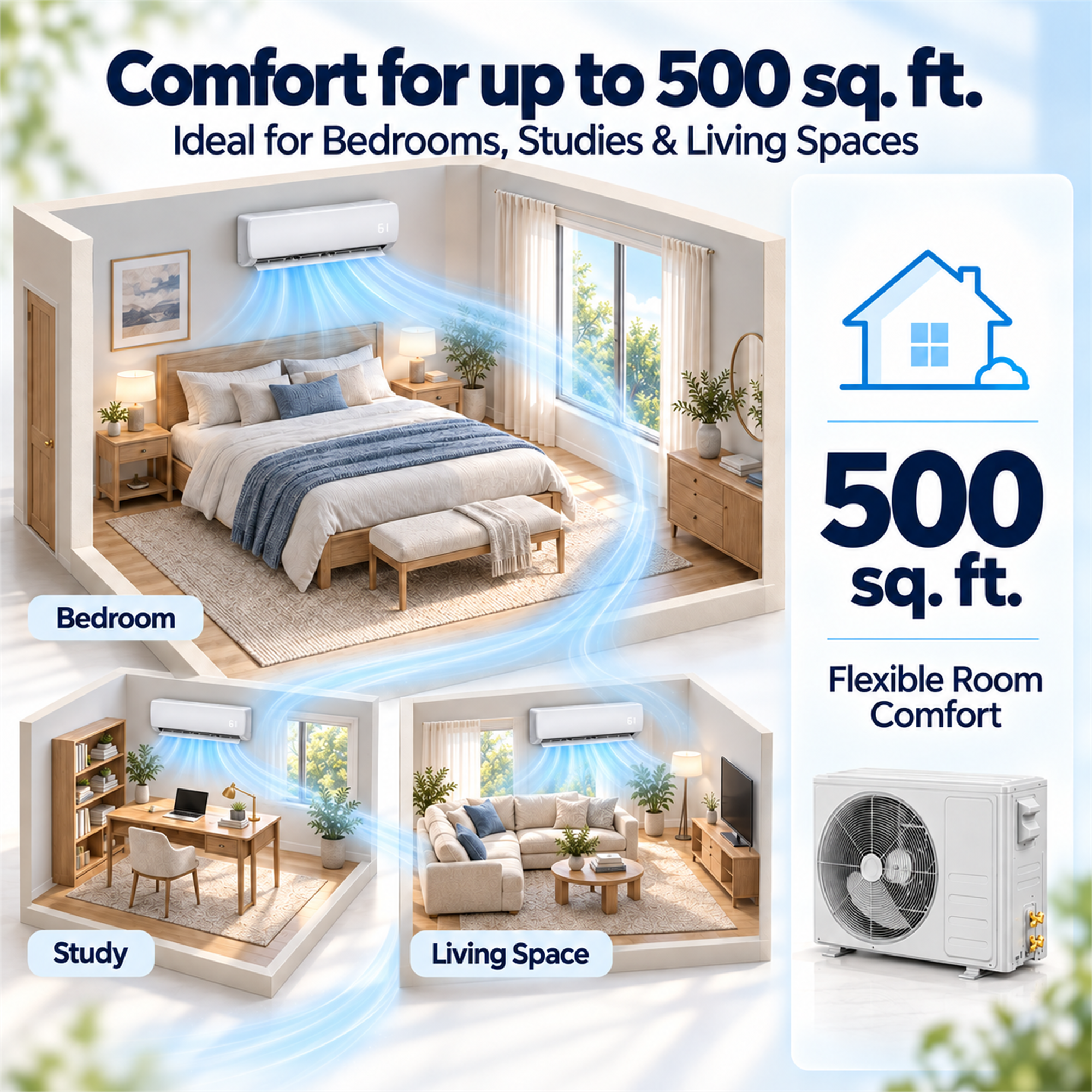 Comfort for up to 500 sq. ft.  
Ideal for Bedrooms, Studies & Living Spaces

Bedroom  
500 sq. ft.  
Flexible Room Comfort

Study  
Living Space