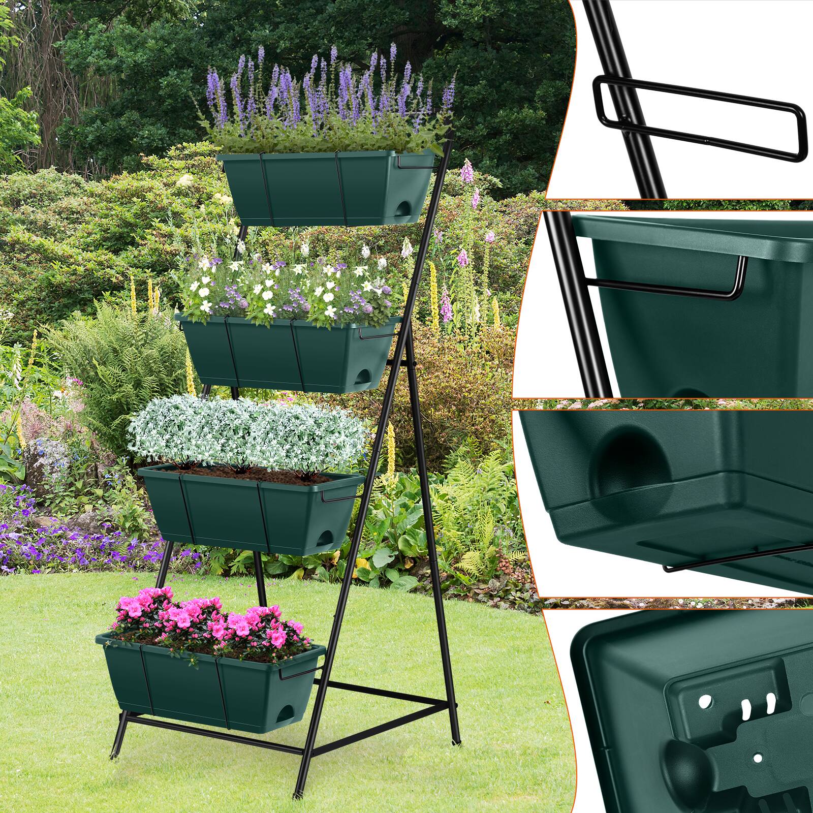 Left. Oumilen - 4-Tier Vertical Raised Garden Bed, Black Metal Plant Stand with 4 Green Planter Boxes for Patio Backyard Balcony.
