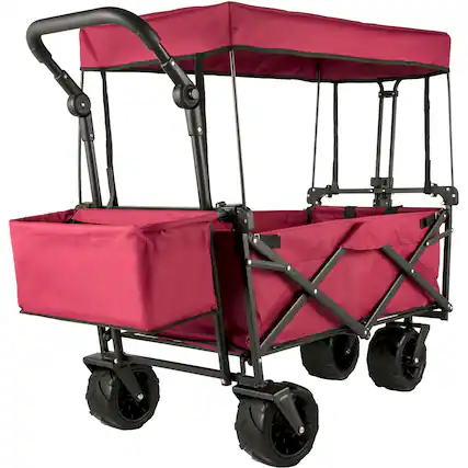 Front. VEVOR - Extra Large Collapsible Garden Cart with Removable Canopy, Folding Wagon Utility Carts with Wheels and Rear Storage - Red.