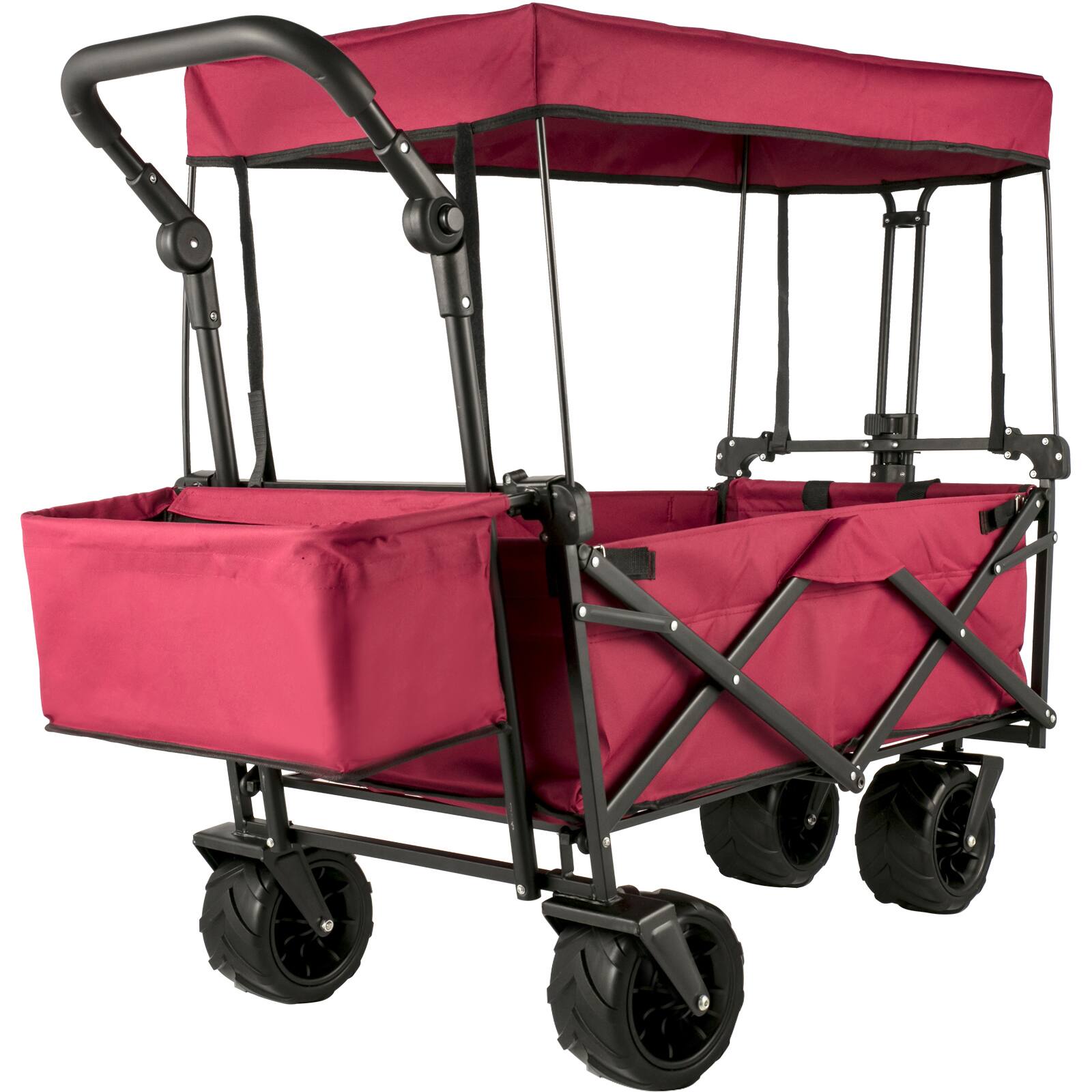 Front. VEVOR - Extra Large Collapsible Garden Cart with Removable Canopy, Folding Wagon Utility Carts with Wheels and Rear Storage - Red.