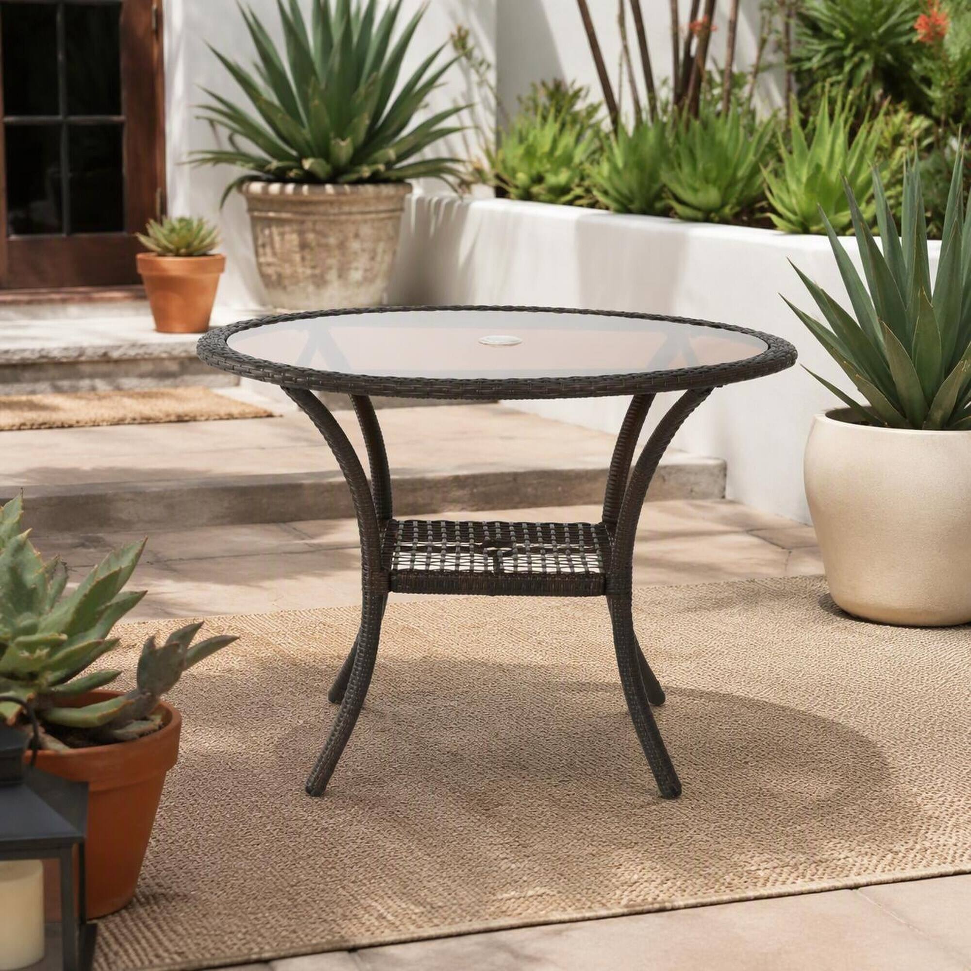 Left. RYHNUYNE - Outdoor Patio Coffee Table with Tempered Glass Top & Lower Shelf,Rattan Side Table for Garden Balcony Deck - Brown.