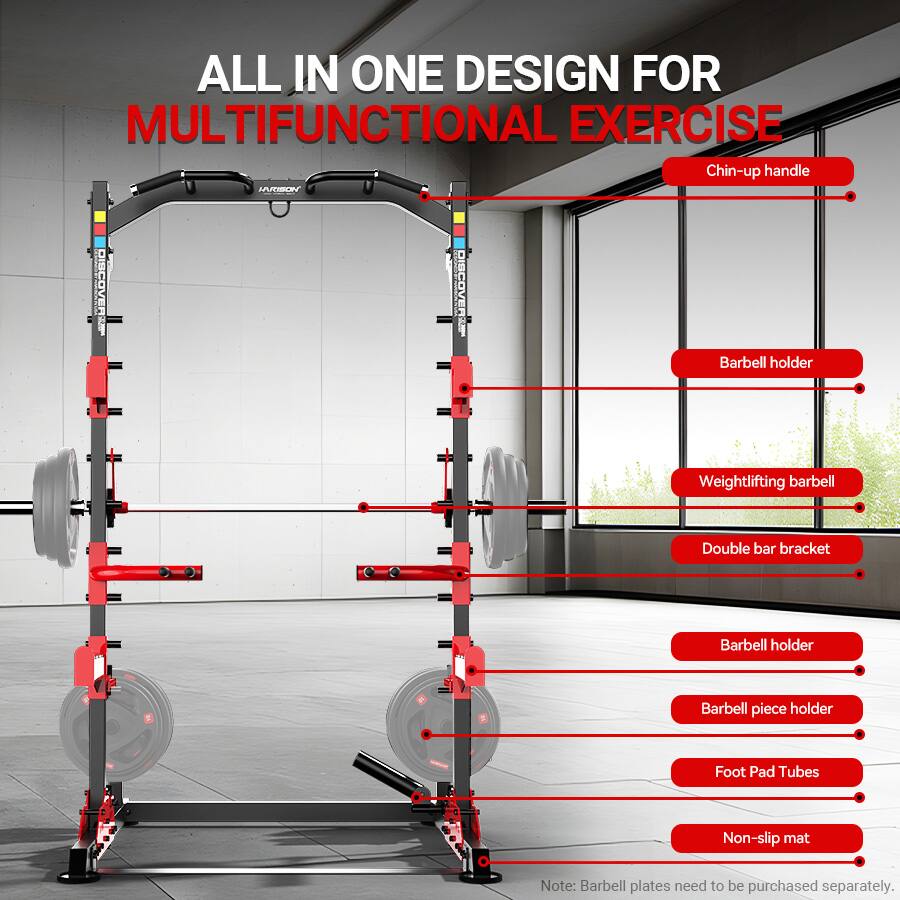 ALL IN ONE DESIGN FOR MULTIFUNCTIONAL EXERCISE

- Chin-up handle
- Barbell holder
- Weightlifting barbell
- Double bar bracket
- Barbell holder
- Barbell piece holder
- Foot Pad Tubes
- Non-slip mat

Note: Barbell plates need to be purchased separately.