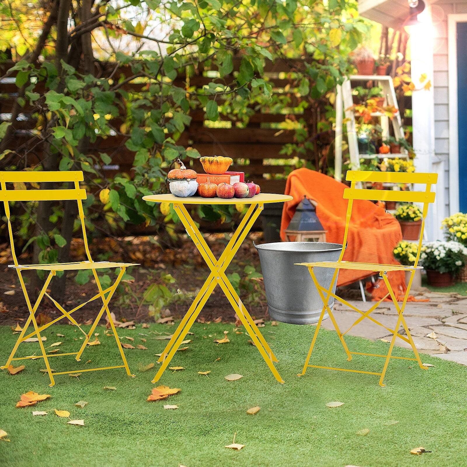 Alt View 5. U-HOMY - Foldable 3-Piece Outdoor Bistro Set – Rust-Resistant Patio Table and Chairs, Lightweight for Balcony Use - Yellow.