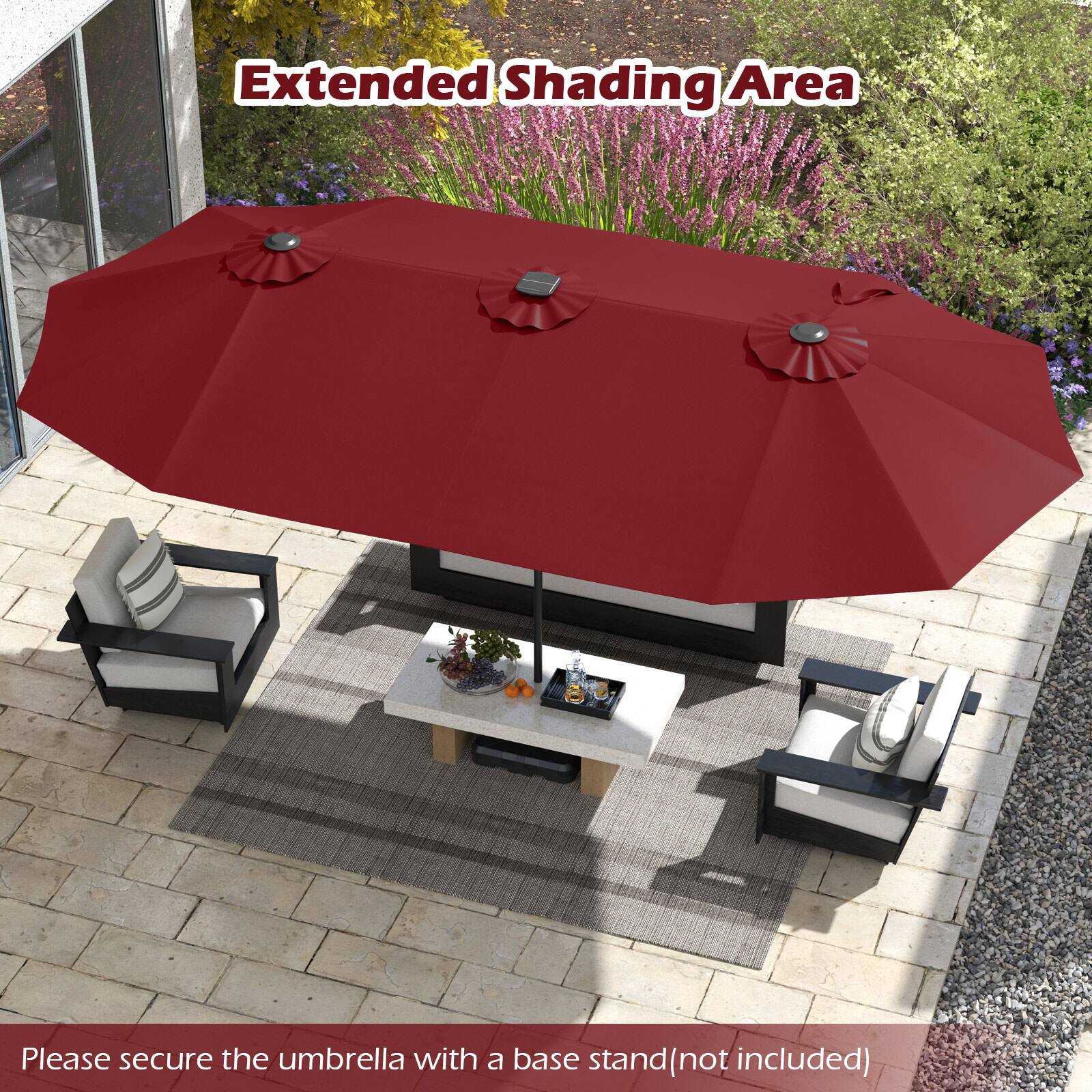 Extended Shading Area
Please secure the umbrella with a base stand (not included)